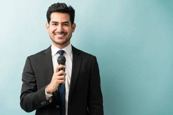 Handsome Successful Business Professional Holding Microphone Studio — Stock Photo, Image
