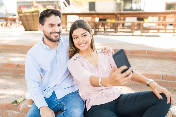 Happy Latin Young Woman Taking Selfie Boyfriend Date Cafe — Stock Photo, Image