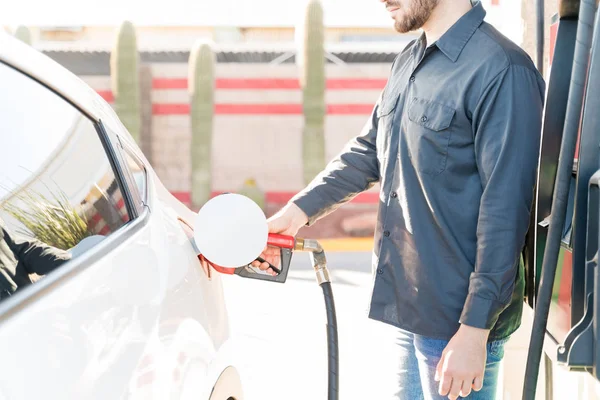 Midsection Male Worker Uniform Refueling Car Gas Station — 图库照片