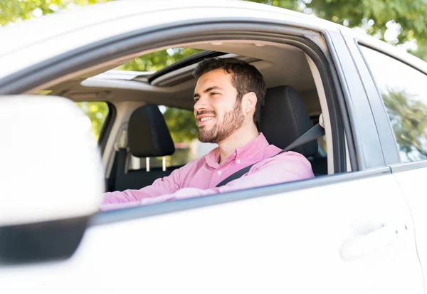 Smiling Mid Adult Man Driving Car Seen Window — Stock Photo, Image