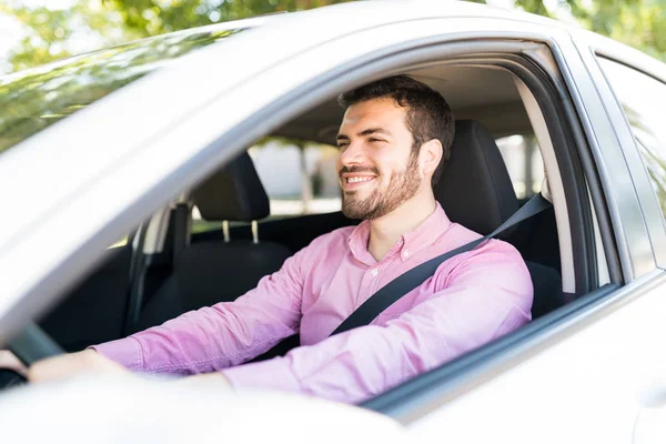 Happy Mid Adult Man Driving New Car Seen Window — Stock Photo, Image