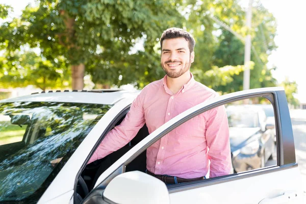 Happy Handsome Hispanic Man Opening Door New Car Sunny Day — Stock Photo, Image