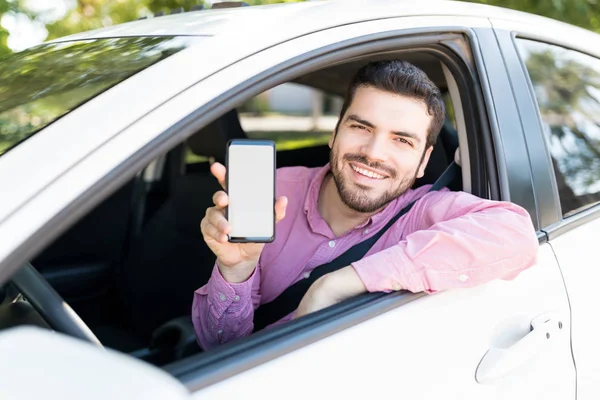 Happy Adult Man Showing Smartphone Blank Screen While Sitting New — Stock Photo, Image