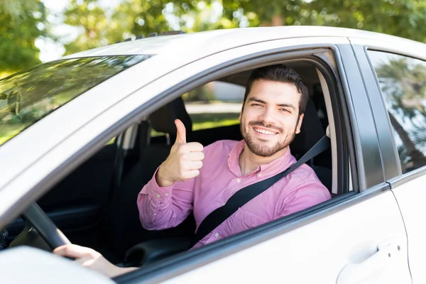 Portrait Smiling Handsome Man Showing Thumbs While Driving New Car — Φωτογραφία Αρχείου