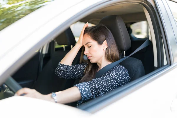 Annoyed Hispanic Woman Sitting Car While Waiting Traffic — Stockfoto