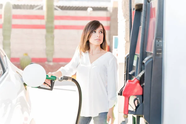 Mid Adult Woman Refueling Car Self Service Gas Station — ストック写真