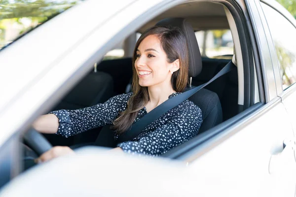Happy Mid Adult Woman Driving Car Seen Window — Stok fotoğraf