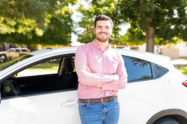 Confident Handsome Man Standing Arms Crossed New Car Sunny Day — Stock Photo, Image