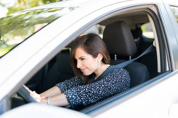 Annoyed Woman Pressing Horn While Driving Car Traffic — Stockfoto