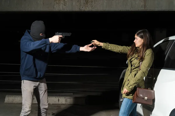Thief Stealing Scared Latin Woman Car Keys Gun Point While — Stock fotografie