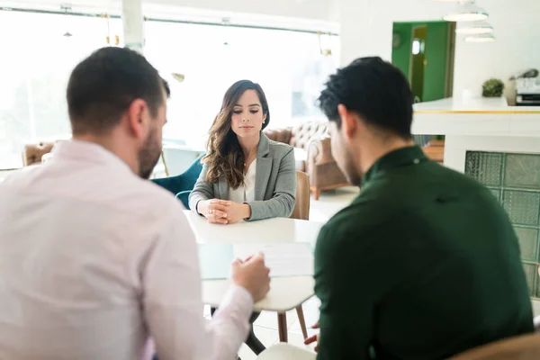 Recruiters Discussing Resume While Interviewing Candidate Office — Stock fotografie