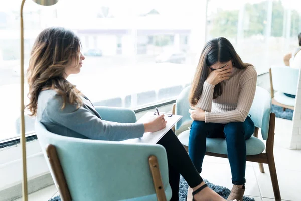 Depressed Young Woman Crying While Discussing Her Problems Psychologist Office — Stock Photo, Image