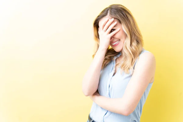 Shy Woman Casual Looking Fingers While Smiling Yellow Background — Stock Photo, Image