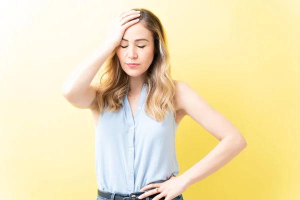 Frustrated Caucasian Woman Eyes Closed Isolated Yellow Background — Stock Photo, Image