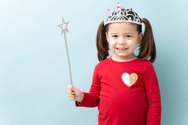 Portrait Beautiful Little Girl Wearing Princess Crown Wand Smiling Studio — Stock Photo, Image