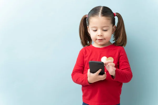 Cute Three Year Old Using Smartphone Having Fun Blue Background — Stock Photo, Image