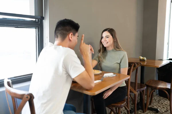 Happy Caucasian Woman Having Good Time Date Coffee Shop — Stock Photo, Image