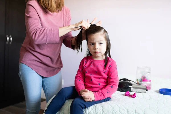 Portrait Cute Little Caucasian Girl Getting Her Hair Done Home — Stock Photo, Image