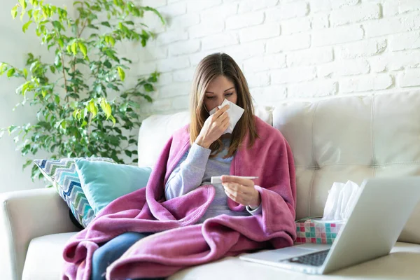 Portrait Woman Her 40S Feeling Sick Fever Looking Laptop Computer — Stock Photo, Image