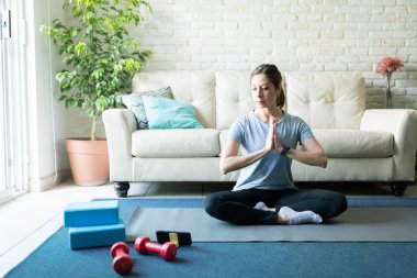Güzel esmer kadın evde meditasyon ve yoga yaparken dizüstü bilgisayardaki bazı rutinlere bakıyor.