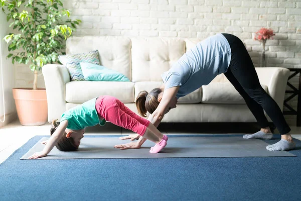 Kadının Kızının Yoga Yaptığı Evde Baş Aşağı Köpek Gibi Dolaştığı — Stok fotoğraf