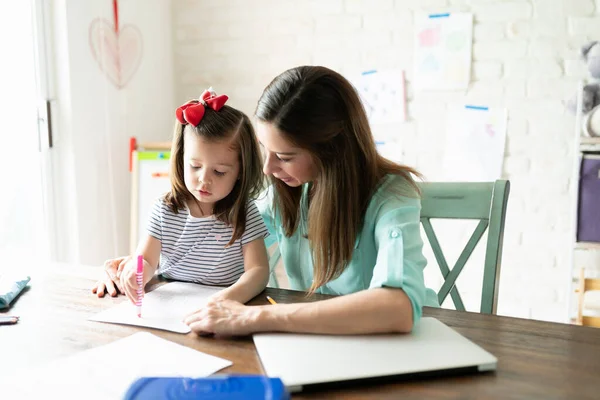 Little Brunette Girl Coloring Learning Home Help Her Mother — Stock Photo, Image