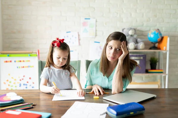 Portrait Stressed Tired Woman Sitting Next Her Daughter While Trying — Stock Photo, Image