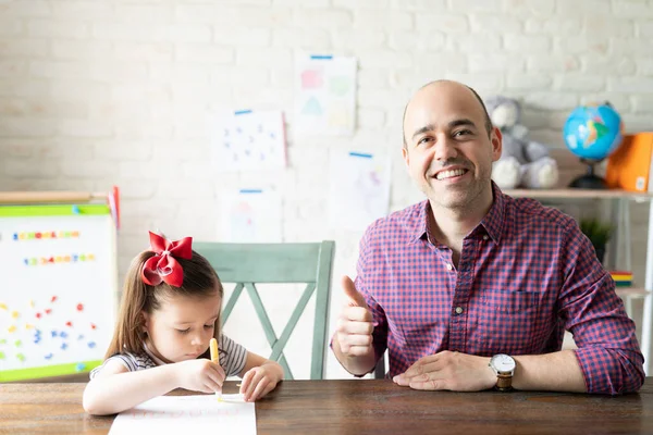 Portrait Father Giving Thumbs Being Successful Homeschooling His Three Year — Stock Photo, Image