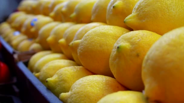 Вільний знімок стопки лимонів на ринковій стійці — стокове відео