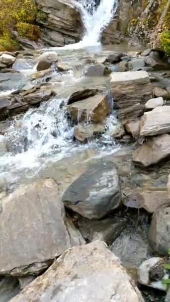 Een kleine waterval stroomt en valt hoog van de bergtoppen. — Stockvideo