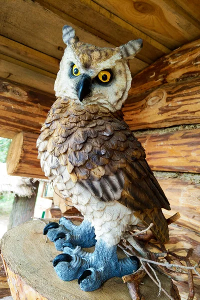 Vista de uma bela grande coruja de madeira decorativa . — Fotografia de Stock