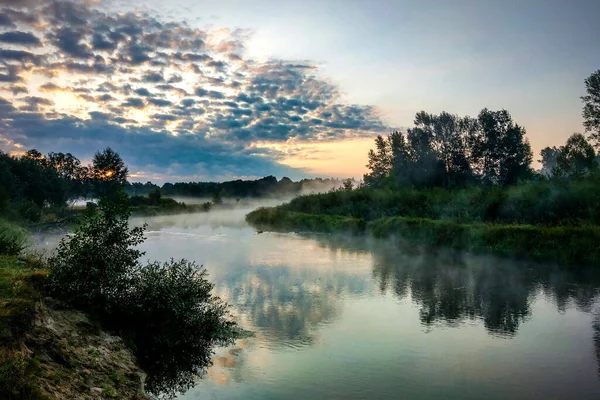 Manhã no rio manhã cedo juncos névoa neblina e superfície da água no rio. — Fotografia de Stock