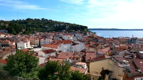 スロベニアのピラン市 街とアドリア海の景色 スロベニア ヨーロッパの美しい街並み 壮大な地中海の風景 — ストック動画