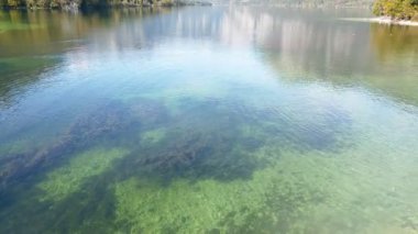 Sloven Triglav Ulusal Parkı 'nda Bohinj Gölü' nün temiz su yüzeyinde Julian Alps dağları arka planda.