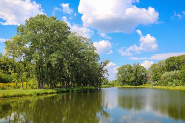 Açık bir yaz gününde dolambaçlı sığ bir nehir.