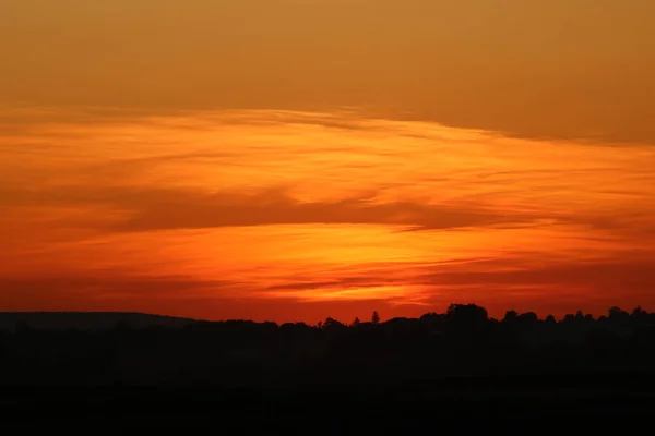 Sunset Background Field Silhouette Village — Stock Photo, Image