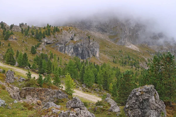 Cime Delle Dolomiti Italia Sono Ricoperte Nebbia Mattinata Nebbiosa Bagnata — Foto Stock