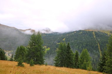 İtalya 'daki Dolomitlerin zirveleri sisle kaplıdır. Sabahın erken saatlerinde sisli. Sonbaharın başlangıcı. Temiz hava, insan eksikliği. Seçici odak