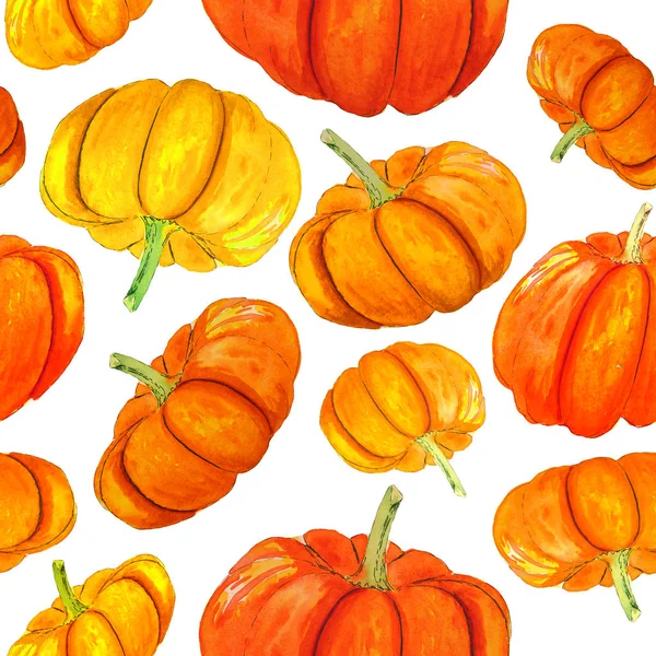 Seamless pattern with handdrawn watercolor orange pumpkins. Autumn texture. — Stock Photo, Image