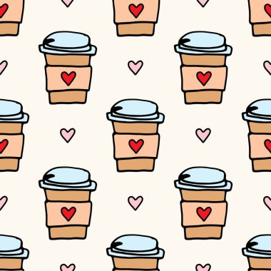 Kahve fincanları ve kalplerle mükemmel bir vektör deseni..