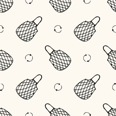 Yeniden kullanılabilir ağ torbaları, ağ torbaları, ip torbaları, ağ torbaları ve karalama el çizimi tarzında eko işaretleri olan kusursuz vektör deseni, sıfır atık kavramı