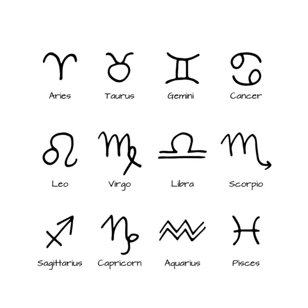 Набор из двенадцати простых знаков зодиака, ручных векторных элементов. Астрологические монохромные иконы . — стоковый вектор