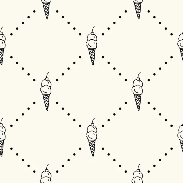 Seamless vector pattern with monocrome ice cream on cone with cherry and polka dot. Can be used for wallpaper, pattern fills, web page background — Stock Vector