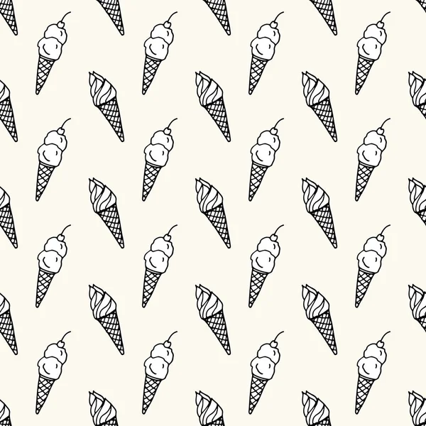 Patrón vectorial sin costuras con helado monocromo en cono con cereza. Se puede utilizar para el fondo de pantalla, relleno de patrones, fondo de página web — Archivo Imágenes Vectoriales