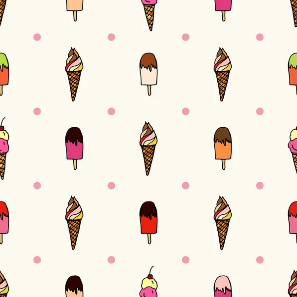 チェリーとコーン上の着色されたアイスクリームとシームレスなベクトルパターン。壁紙、パターンフィル、ウェブページの背景に使用できます — ストックベクタ