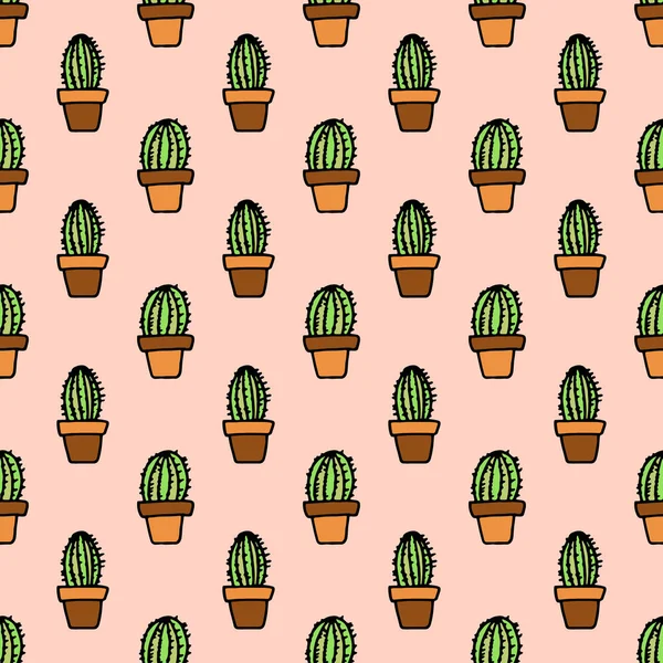 Seamless vector pattern with simply hand drawn cactus in doodle style. Floral background, potted succulents. — Stock Vector