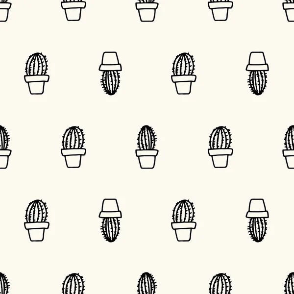 Seamless geometric vector pattern with simply hand drawn cactus in doodle style. Floral background, potted succulents in monochrome. — 스톡 벡터