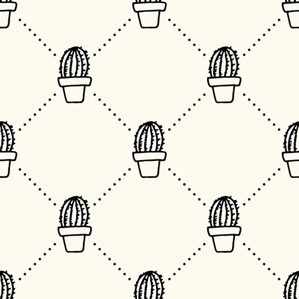 Naadloos geometrisch vectorpatroon met eenvoudig met de hand getekende cactus in doodle stijl en polka dot. Bloemen achtergrond, potten succulents in monochroom. — Stockvector