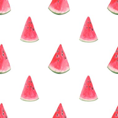 Beyaz üzerine izole edilmiş karpuz dilimleri olan kusursuz bir desen. El çizimi tropikal arkaplan
