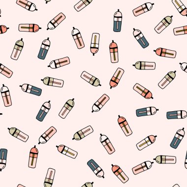 Spor su şişeleriyle kusursuz vektör deseni. Sıfır atığın resimlenmesi, şişelerin yeniden kullanılması, su tasarrufu için kullanılabilir